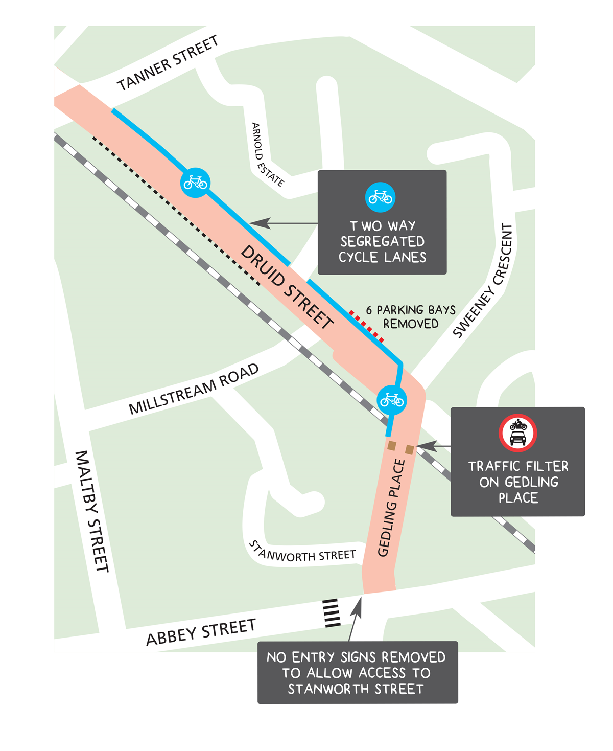 Druid Street Map with cycle lanes