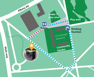 Map of the area in the park between Albany Road, Wells Way and Chumleigh Gardens. The toilets are located to the north west corner of Chumleigh Gardens. The drinking fountain is between Chumleigh Gardens and the play area.